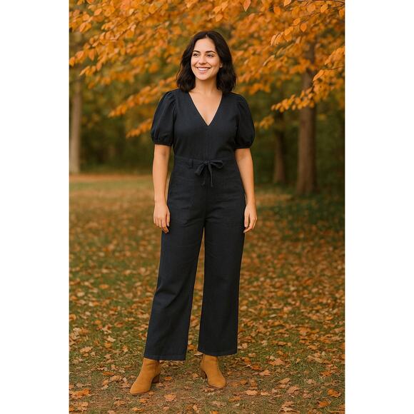 ASOS Design Soft Black Denim V-Neck Puff Sleeve Tie Waist Wide Leg Jumpsuit - Picture 1 of 8